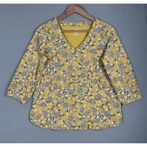 Pure Jill Women XS Mustard Yellow Floral Boho 3/4 Sleeve‎ Cotton Modal Soft Knit